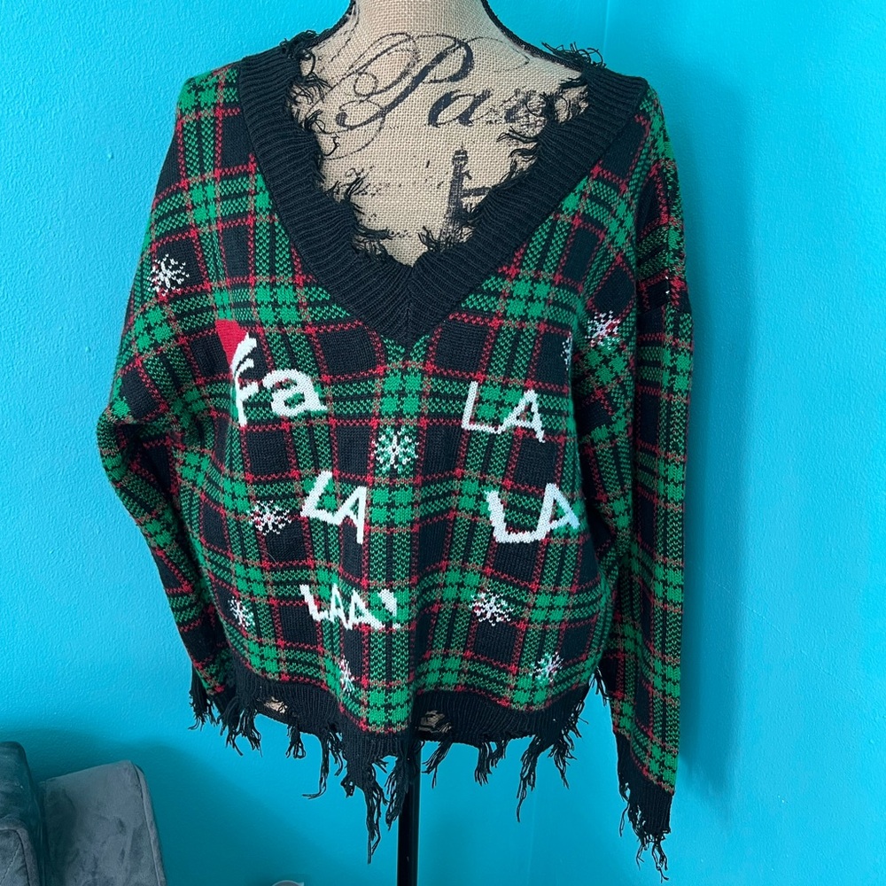 EUC With Love Derek Fa La La Long Sleeve V-Neck Unfinished Christmas Sweater